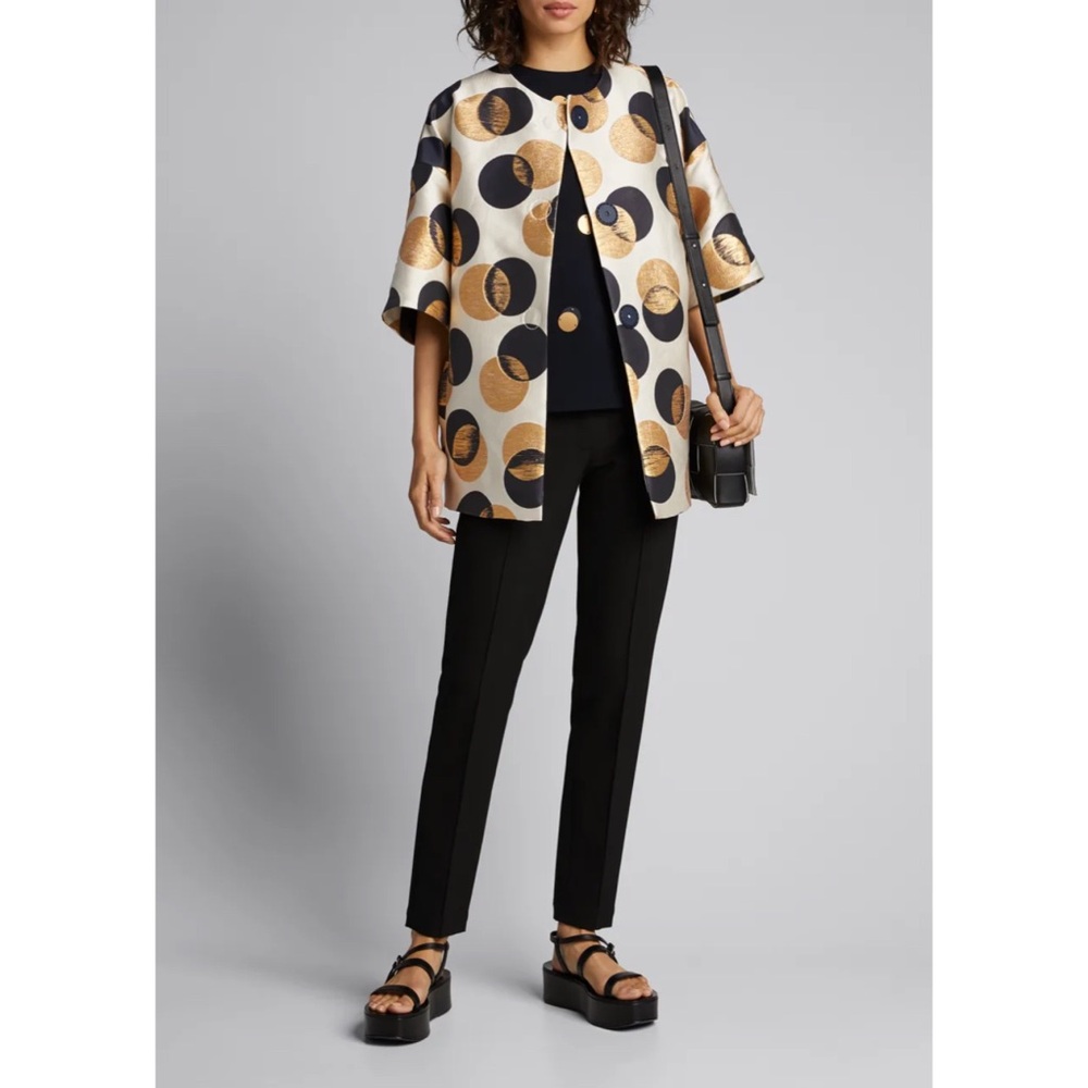 AKRIS Punto Car Coat Jacquard Sake Blue Metallic Gold Dot Print, Size US 12 - Picture 1 of 12
